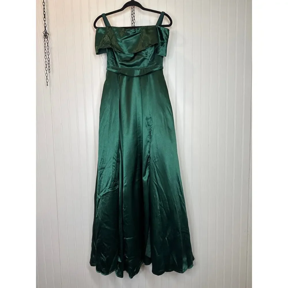 NWT Lulus Greatest Hits Forest Green Satin Off-the-Shoulder Maxi Dress Size M